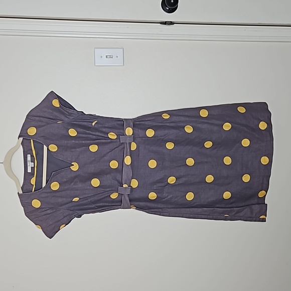 Boden Womens Dress Sz 6 Gray Yellow Polka Dot Belted Sheath Cotton Linen Preppy - Picture 2 of 11